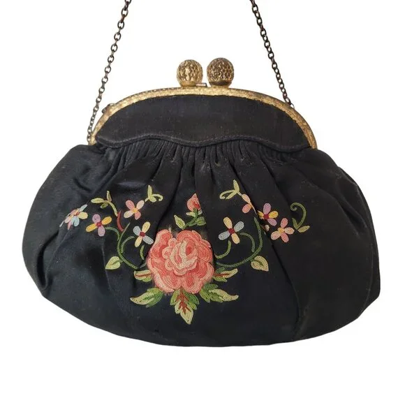 Vintage Black Kiss Lock Clasp Purse Hand Embroidered Rose Vines and Flowers - Picture 1 of 10